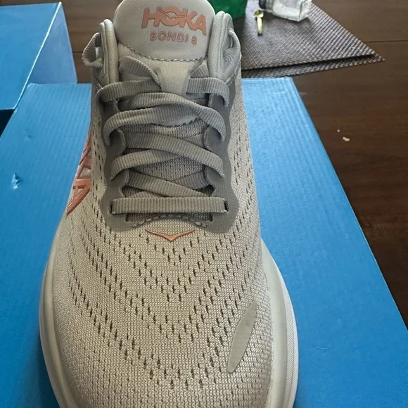 Hoka Women's Bondi 8 Light Gray and Coral Athletic Shoes - Picture 3 of 6